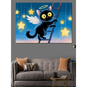 Merdivene Tırmanan Siyah Kedi Dekoratif Kanvas - Mdf Ahşap Tablo 70x100 cm