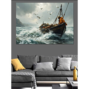 Dalgalar Arasında Yalnız Balıkçı Dekoratif Kanvas - Mdf Ahşap Tablo