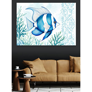 Mavi Beyaz Tropikal Balık Dekoratif Kanvas - Mdf Ahşap Tablo 100x140 cm
