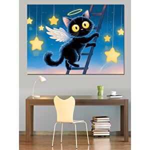 Merdivene Tırmanan Siyah Kedi Dekoratif Kanvas - Mdf Ahşap Tablo 35x50 cm
