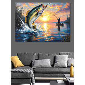 Günbatımında Balık Tutan Adam Dekoratif Kanvas - Mdf Ahşap Tablo 100x140 cm