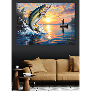 Günbatımında Balık Tutan Adam Dekoratif Kanvas - Mdf Ahşap Tablo 100x140 cm