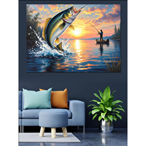 Günbatımında Balık Tutan Adam Dekoratif Kanvas - Mdf Ahşap Tablo