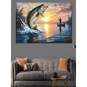 Günbatımında Balık Tutan Adam Dekoratif Kanvas - Mdf Ahşap Tablo