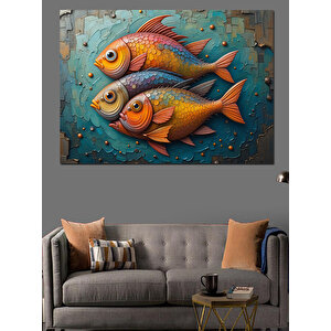 Turkuaz Zeminli Renkli Balıklar Dekoratif Kanvas - Mdf Ahşap Tablo 35x50 cm