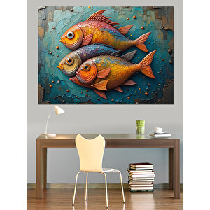 Turkuaz Zeminli Renkli Balıklar Dekoratif Kanvas - Mdf Ahşap Tablo 35x50 cm