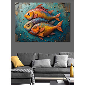 Turkuaz Zeminli Renkli Balıklar Dekoratif Kanvas - Mdf Ahşap Tablo 35x50 cm