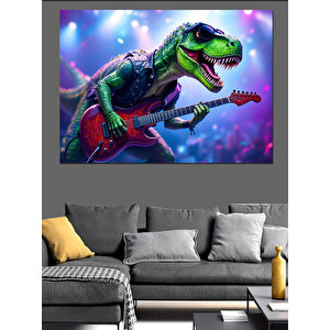Gitar Çalan Renkli Dinozor Dekoratif Kanvas - Mdf Ahşap Tablo 35x50 cm