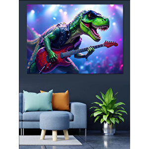 Gitar Çalan Renkli Dinozor Dekoratif Kanvas - Mdf Ahşap Tablo 35x50 cm