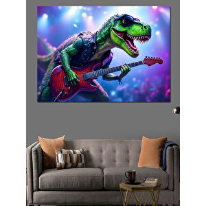 Gitar Çalan Renkli Dinozor Dekoratif Kanvas - Mdf Ahşap Tablo