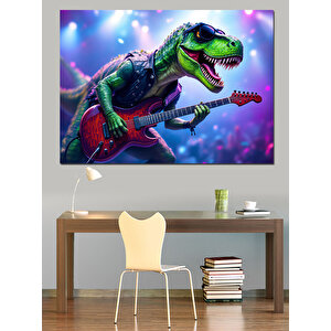 Gitar Çalan Renkli Dinozor Dekoratif Kanvas - Mdf Ahşap Tablo