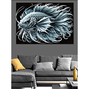 Siyah Beyaz Balık Deseni Dekoratif Kanvas - Mdf Ahşap Tablo 50x70 cm