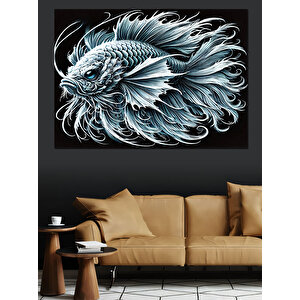 Siyah Beyaz Balık Deseni Dekoratif Kanvas - Mdf Ahşap Tablo 50x70 cm
