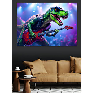 Gitar Çalan Renkli Dinozor Dekoratif Kanvas - Mdf Ahşap Tablo 100x140 cm
