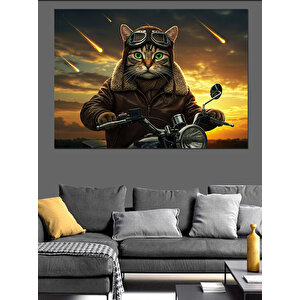 Motosikletli Gözlüklü Kedi Dekoratif Kanvas - Mdf Ahşap Tablo