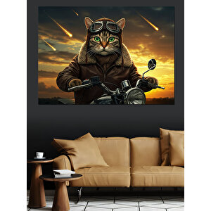 Motosikletli Gözlüklü Kedi Dekoratif Kanvas - Mdf Ahşap Tablo