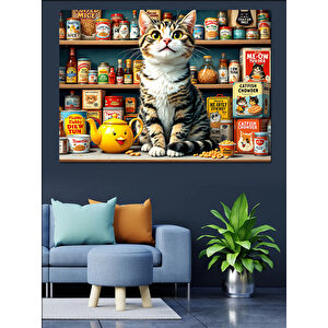 Renkli Bakkalda Sevimli Kedi Dekoratif Kanvas - Mdf Ahşap Tablo 50x70 cm