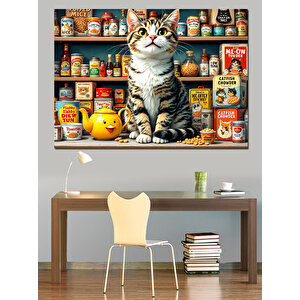 Renkli Bakkalda Sevimli Kedi Dekoratif Kanvas - Mdf Ahşap Tablo