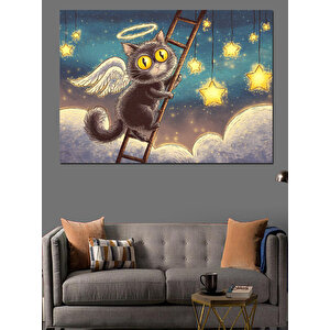 Merdivene Tırmanan Melek Kanatlı Kedi Dekoratif Kanvas - Mdf Ahşap Tablo 70x100 cm