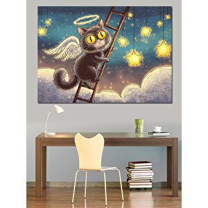 Merdivene Tırmanan Melek Kanatlı Kedi Dekoratif Kanvas - Mdf Ahşap Tablo 70x100 cm
