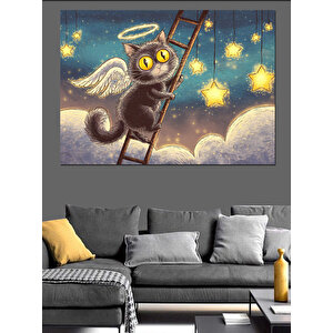 Merdivene Tırmanan Melek Kanatlı Kedi Dekoratif Kanvas - Mdf Ahşap Tablo 70x100 cm