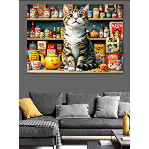 Renkli Bakkalda Sevimli Kedi Dekoratif Kanvas - Mdf Ahşap Tablo 70x100 cm