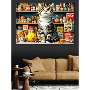 Renkli Bakkalda Sevimli Kedi Dekoratif Kanvas - Mdf Ahşap Tablo 70x100 cm