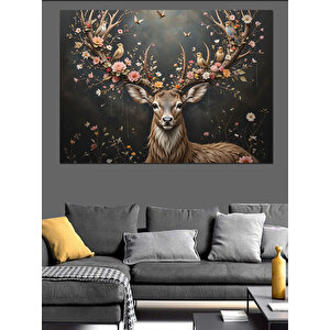Boynuzlu Geyik Ve Işıklar Dekoratif Kanvas - Mdf Ahşap Tablo 50x70 cm