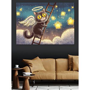 Merdivene Tırmanan Melek Kanatlı Kedi Dekoratif Kanvas - Mdf Ahşap Tablo