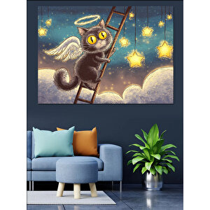 Merdivene Tırmanan Melek Kanatlı Kedi Dekoratif Kanvas - Mdf Ahşap Tablo