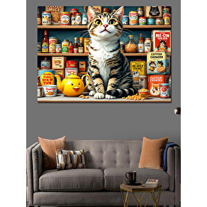 Renkli Bakkalda Sevimli Kedi Dekoratif Kanvas - Mdf Ahşap Tablo