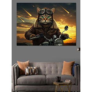 Motosikletli Gözlüklü Kedi Dekoratif Kanvas - Mdf Ahşap Tablo 35x50 cm