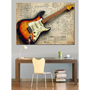 Notalar Üstünde Elektro Gitar Dekoratif Kanvas - Mdf Ahşap Tablo 35x50 cm