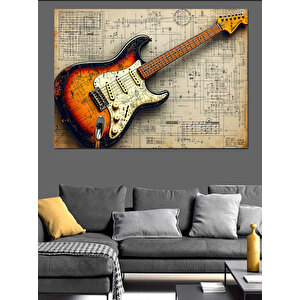 Notalar Üstünde Elektro Gitar Dekoratif Kanvas - Mdf Ahşap Tablo 35x50 cm