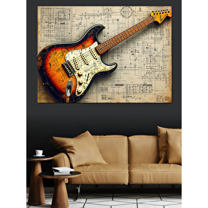 Notalar Üstünde Elektro Gitar Dekoratif Kanvas - Mdf Ahşap Tablo 35x50 cm