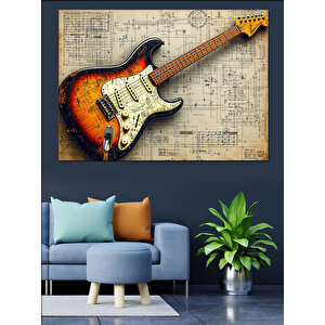 Notalar Üstünde Elektro Gitar Dekoratif Kanvas - Mdf Ahşap Tablo