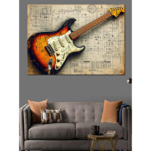 Notalar Üstünde Elektro Gitar Dekoratif Kanvas - Mdf Ahşap Tablo