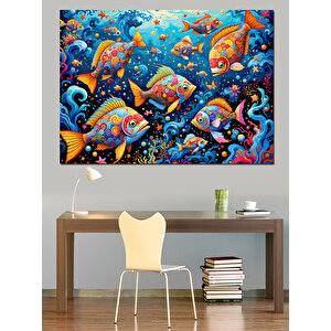 Soyut Renkli Balık Deseni Dekoratif Kanvas - Mdf Ahşap Tablo 70x100 cm