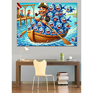 Balıklarla Dolu Renkli Kayık Dekoratif Kanvas - Mdf Ahşap Tablo