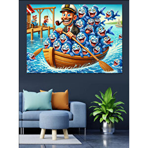 Balıklarla Dolu Renkli Kayık Dekoratif Kanvas - Mdf Ahşap Tablo 50x70 cm