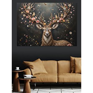 Boynuzlu Geyik Ve Işıklar Dekoratif Kanvas - Mdf Ahşap Tablo 25x35 cm