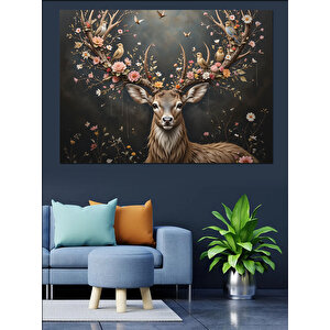 Boynuzlu Geyik Ve Işıklar Dekoratif Kanvas - Mdf Ahşap Tablo 25x35 cm