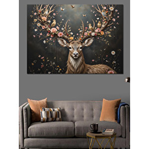 Boynuzlu Geyik Ve Işıklar Dekoratif Kanvas - Mdf Ahşap Tablo