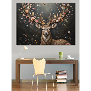 Boynuzlu Geyik Ve Işıklar Dekoratif Kanvas - Mdf Ahşap Tablo