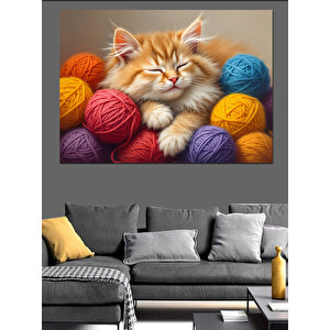 Yumakların Üzerinde Kedi Dekoratif Kanvas - Mdf Ahşap Tablo 35x50 cm
