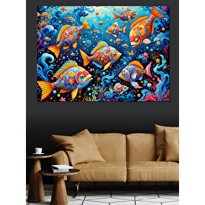 Soyut Renkli Balık Deseni Dekoratif Kanvas - Mdf Ahşap Tablo