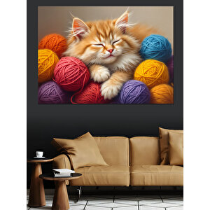 Yumakların Üzerinde Kedi Dekoratif Kanvas - Mdf Ahşap Tablo 100x140 cm