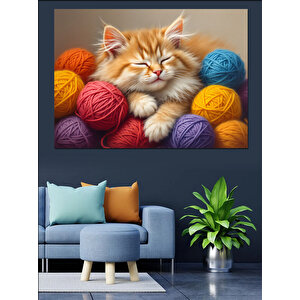 Yumakların Üzerinde Kedi Dekoratif Kanvas - Mdf Ahşap Tablo 100x140 cm