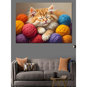 Yumakların Üzerinde Kedi Dekoratif Kanvas - Mdf Ahşap Tablo