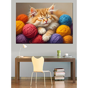 Yumakların Üzerinde Kedi Dekoratif Kanvas - Mdf Ahşap Tablo